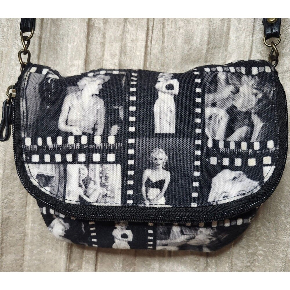 Marilyn Monroe Crossbody Bag Black White Photo Print Red Lining Canvas Small
